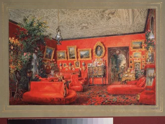 Červený obývací pokoj v Jusupovově paláci v Petrohradě. Dílo Vasilije Semjonoviče Sadovnikova (1800-1879), akvarel na papíře. ruské umění