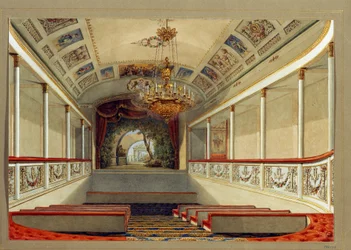 Divadelní sál Jusupovského paláce (palác Moika) v Petrohradě. (Domácí kino v Jusupovově paláci v Petrohradě). Dílo Vasilije Semjonoviče Sadovnikova (1800-1879), akvarel na papíře. Ruské umění 19. století. Stát Rusko Mus