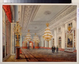 Velký sál (nebo Nicolas Hall) Zimního paláce v Petrohradě. Dílo Vasilije Semjonoviče Sadovnikova (1800-1879), akvarel na papíře