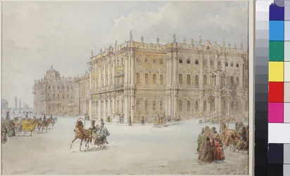 Jízda císaře Mikuláše I. přes palácové náměstí, Sadovnikov, Vasilij Semjonovič (1800-1879). Akvarel na papíře