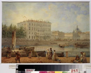 Svatý PETERSBOURG. Pohled na Fontanku a dům Derzhavin. (Saint Petersburg. Pohled na řeku Fontanka a Derzhavinův dům). Dílo Vasilije Semjonoviče Sadovnikova (1800-1879), akvarel na papíře