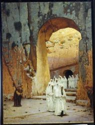V Jeruzalémě (Izrael). Královská hrobka Judy. (V Jeruzalémě. Královská hrobka Judy). Z hrobky judských králů vychází průvod postav v bílém. Žena se uctivě sklání, aby je pozdravila, když procházejí kolem. Malování z