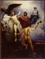 Vulcan řetězení Prometheus (Vulcanus Chaining Prometheus). Obraz Vasilije Jevmenieviče Savinského (1859-1937), olej na plátně 1881. Muzeum Akademie výtvarných umění, Petrohrad.