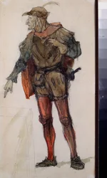 Mužský kostým pro operu "Faust" od Charlese Gounoda (1818-1893) - Kostýmní návrh pro operu Faust od Charlese Gounoda - Dílo Vasilije Dmitrieviče Polenova (1844-1927), tužka a akvarel na papíře