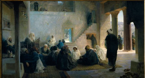 Kristus mezi učiteli zákona. Obraz Vasilije Dmitrieviče Polenova (1844-1927), olej na plátně
