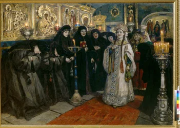 Velkovévodkyně na návštěvě kláštera. (Carevna navštívila ženský klášter). Obraz Vasilli Ivanovič Sourikov (Vasily Surikov nebo Vasilij Surikow) (1848-1916), olej na plátně