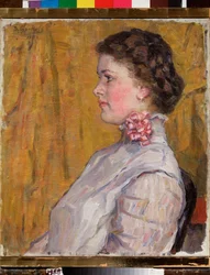 Portrét ženy na žlutém pozadí (Ženský portrét na žlutém pozadí) - Malba Vasilli Ivanoviče Surikova (Vasily Surikov nebo Vassili Surikow) (1848-1916), olej na plátně