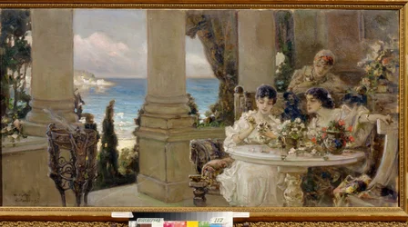 Sur la terrasse - Peinture de Vassili (Vasili, Vasilii, Wilhelm) Alexandrovič Kotarbinsky (Kotarbinski, Kotarbinskii) (1849-1921), huile sur toile - Na terase, Olej na plátně Vasilije Alexandroviče Kotarbinského - Regionální muzeum umění, Kirovohrad