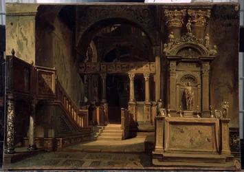 Interiér baziliky svatého Marka (Basilica di San Marco) v Benátkách. Obraz Vasilije Grigorieviče Chuďakova (1826-1871). Olej na plátně, 29,5 x 41 cm