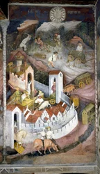 Prosinec: dřevorubci sbírají dřevo a přivážejí ho zpět do města Trento, kde jsou zastoupeny hradby a hrad Buonconsiglio. Malba Mistra měsíců nebo Mistra Václava (Maestro dei Mesi nebo Maestro Wenceslao italsky, zač.