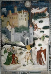 Měsíc leden: zasněžená krajina s aristokraty a lovci. Aristokraté hrají sněhové koule, zatímco lovci chodí na lov se svými psy. V dolní části je zámek Castello di Stenico a muž s klíčem je připraven otevřít dveře pevnosti. Malování od Mas