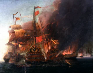 Bitva mezi osmanským a benátským loďstvem u Famagusty během obléhání Kypru roku 1570. Malba benátské školy 16. století. Istanbul, Námořní muzeum