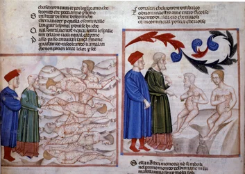 Dante a Vergilius v rozhovoru s Grifolinem z Arezza a Capocchiem ze Sieny. 14. století (miniatura)