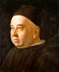 Portrét klerika, dlouhý po prsa v černém kabátě a čepici, kolem roku 1490