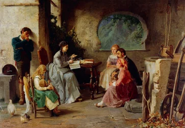 Lekce botaniky, Vespasiano Bignami známý jako Vespa (1841-1929), olej na plátně, 84x119 cm, Itálie