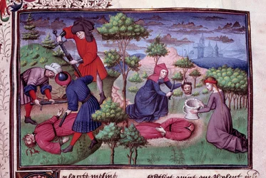 Vražedná scéna dvou mužů, jimž vrazi usekávají hlavy. Strana francouzského rukopisu „Dekameronu“ od Giovanniho Boccaccia, zvaného Jean Boccace (1313-1375), italského spisovatele, iluminovaná Mistrem z Manselu. 1450, Paříž, Arsenalová knihovna
