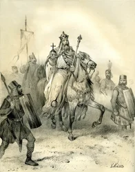 Císař Karel Veliký, nesoucí znaky moci, jede v čele svých vojáků v brnění. Rytina Victora Adama (1801-1866) v knize "Francie ve středověku" vydané bratry Ardantovými v polovině 19. století.