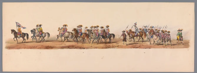 Historický průvod u druhého stého výročí Utrechtské univerzity aplikovaných věd, 1836 (deska 5) Přiblížení nizozemských armád k Ostende, 3. července 1600, den po vítězství u Nieuwpoortu; podle krojovaného znázornění udávaného H H Studentem