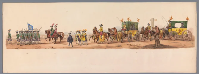 Historický průvod u druhého stého výročí Utrechtské univerzity aplikovaných věd, 1836 (deska 6) Přiblížení nizozemských armád k Ostende, 3. července 1600, den po vítězství u Nieuwpoortu; podle krojovaného znázornění udávaného H H Studentem