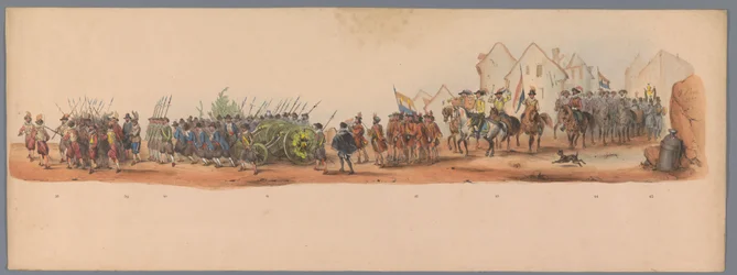 Historický průvod u druhého stého výročí Utrechtské univerzity aplikovaných věd, 1836 (deska 10) Přiblížení nizozemských armád k Ostende, 3. července 1600, den po vítězství u Nieuwpoortu; podle kostýmovaného podání v podání H H Studena