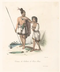 Oblečení obyvatel Houa-Houa (Nový Zéland) Costume des habitans de Houa-Houa (název na předmětu) Cesta za objevem astrolábu (název série) Voyage de découvertes de l