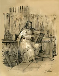 Svatý Eloi (v.588-660) zlatník a tresor franského krále Dagoberta 1., od roku 641 až do své smrti eveque z Noyonu. Rytina Victora Adama (1801-1866) v knize "Francie ve středověku" vydané bratry Ardantovými v polovině 19. století.