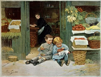 Prohlídka ho. Dítě jí toasty před potravinami jejich matky. Holčička má na kolenou panenku. Obraz Victora Gilberta (1847-1935). Paříž, dekorativní umění