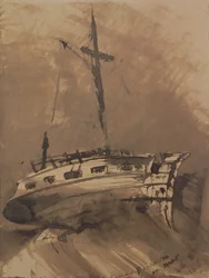 Loď na rozbouřeném moři, 1864 (perem a tuší na papíře)