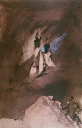 Vzpomínka na hrad ve Vogézách, 1857 (pero a inkoust, mytí a kvaš na papíře)