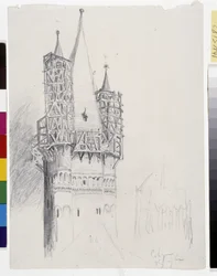Zvonice v Kolíně nad Rýnem (inkoust na papíře)