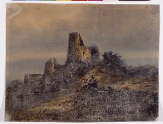 Pohled na zříceninu hradu Arques la Bataille (Arques-la-Bataille) Kresba Victora Huga (1802-1885) 19. století Rozměr 17,4x22 cm Marseille, Chateau Borely, Muzeum dekorativního umění, fajánse a módy
