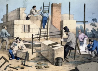 Stavba domu, asi 1860 (litografie)