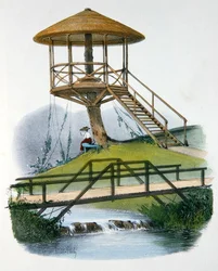 Chata a rustikální most v Parc de la Motte, Bourgogne, ilustrace z „Habitations Champetres“ vydané v Paříži, kolem roku 1895 (chromolitho)