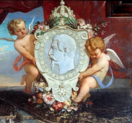 Detail: “” Louvre Napoleona III”” “” Pohled na Palais du Louvre a portrét Napoleona III. (1808-1873) v medailonu”” Obraz Victor Joseph Chavet (1822-1906) 1857 Ne. 2,12 x 2,22 m Paříž, musee du Louvre.
