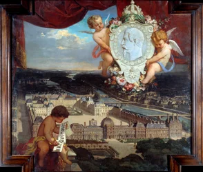 Louvre Napoleona III „“ Pohled na Palais du Louvre a portrét Napoleona III. (1808-1873) v medailonu““ Obraz Victora Josepha Chaveta (1822-1906) 1857 Ne. 2,12 x 2,22 m Paříž, Musee du Louvre.