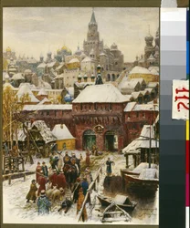 Moscou au 17e siecle (Moskva v 17. století). Oeuvre de Appolinari Michajlovič Vasněcov (1856-1933), litografie. Art russe, ploutev 19e-debut 20e siecle. Muzeum historie a rekonstrukce Moskvy, Moskva.
