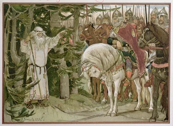 Kníže Oleg (zemřel kolem 912) se setkává s věštcem, který předpovídá, že jeho kůň bude příčinou jeho smrti, ilustrace z „Písně o moudrém Olegovi“. 1899