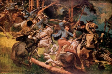 Maďarskí husaři a ruští kozáci bojující v Karpatech v roce 1915
