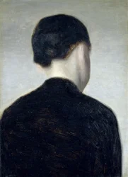 Sedící postava, při pohledu zezadu (Anna Hammershoi) 1884 (olej na plátně položeném na palubě)