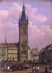 Novoměstská radnice, Praha, 1847 (barevná ocelorytina)