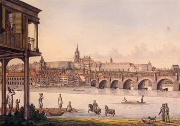 Pohled na Malou Stranu a Pražský hrad Hradčany z Papoukových lázní, 1825 (barevný lept)