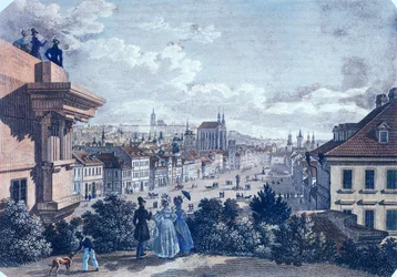 Koňský trh na Václavském náměstí, Praha, 1835 (barevná ocelorytina)