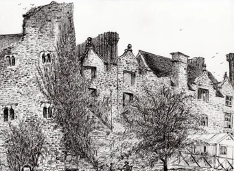Zřícenina hradu Hay on Wye, 2007, (inkoust na papíře)