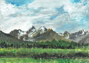 Pohled na hotel v Cransu, 2011, (akryl na plátně)