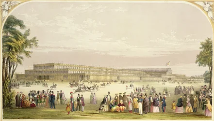 Velká výstava, 1851: pohled na budovu navrženou Josephem Paxtonem, architektem