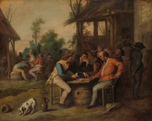 Dva muži u karet před venkovským hostincem, asi 1650 (olej na desce)
