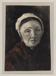 Hlava staré ženy v čepici Scheveningera, 1882-83 (uhl, černá a hnědá křída na papíře)