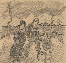 Pár s dítětem na ulici v dešti. 1890