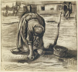 Rolnice sázející brambory, kolem roku 1885 (černá křída a dřevěné uhlí na papíře)