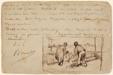 Pohlednice s kopáním dvou rolníků, 1885 (pero a hnědý inkoust na pohlednici)